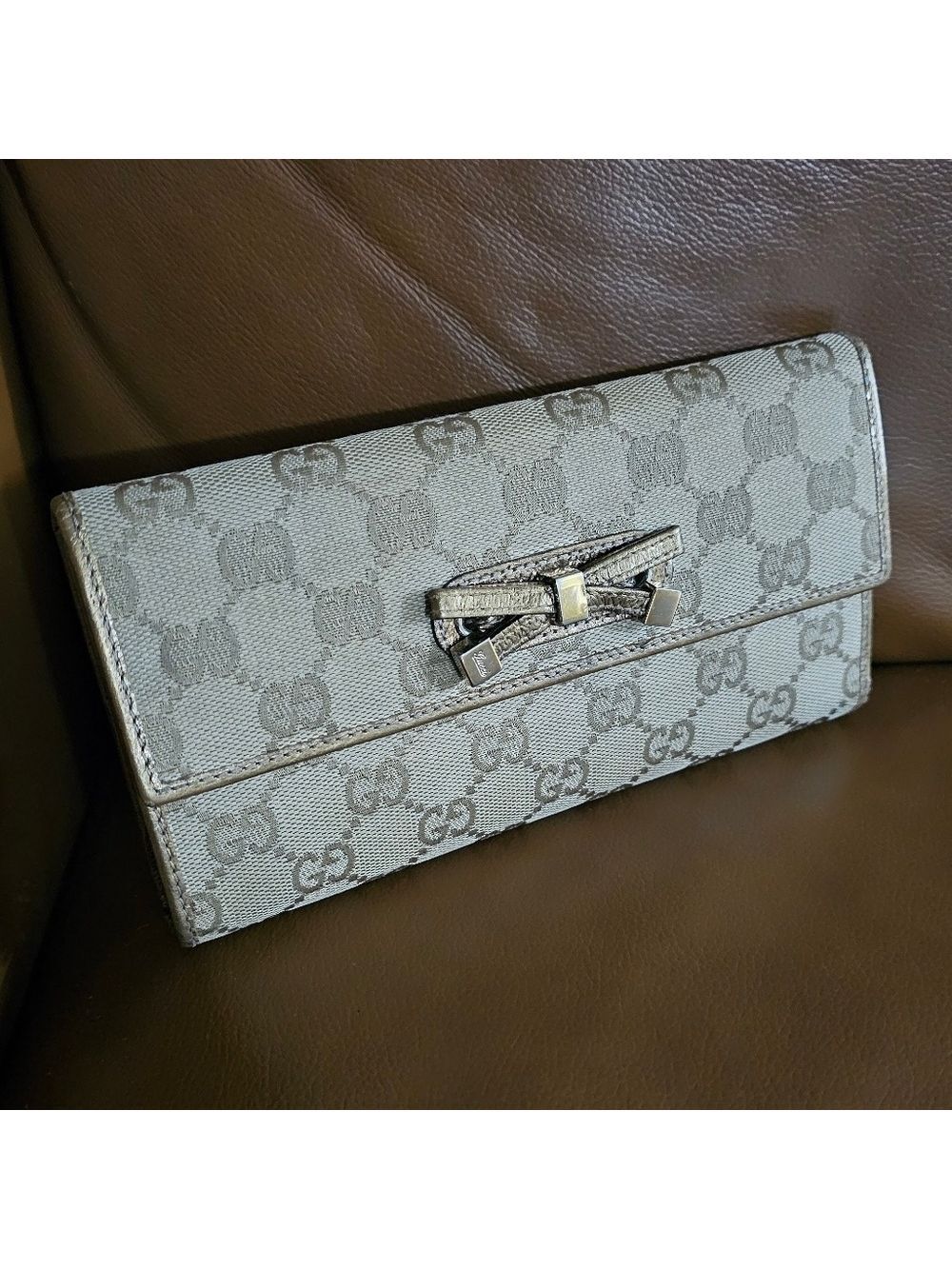 Gucci Gold Beige Monogram Leather Canvas Wallet